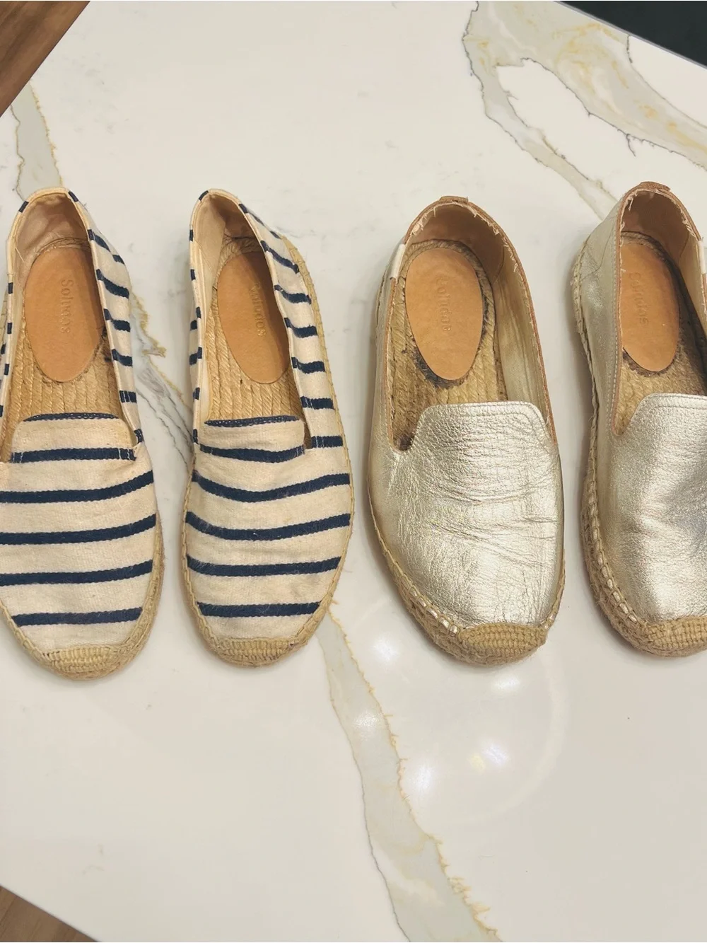 Soludos Blue-Striped Canvas and Gold Metallic Espadrilles - Bundle of 2